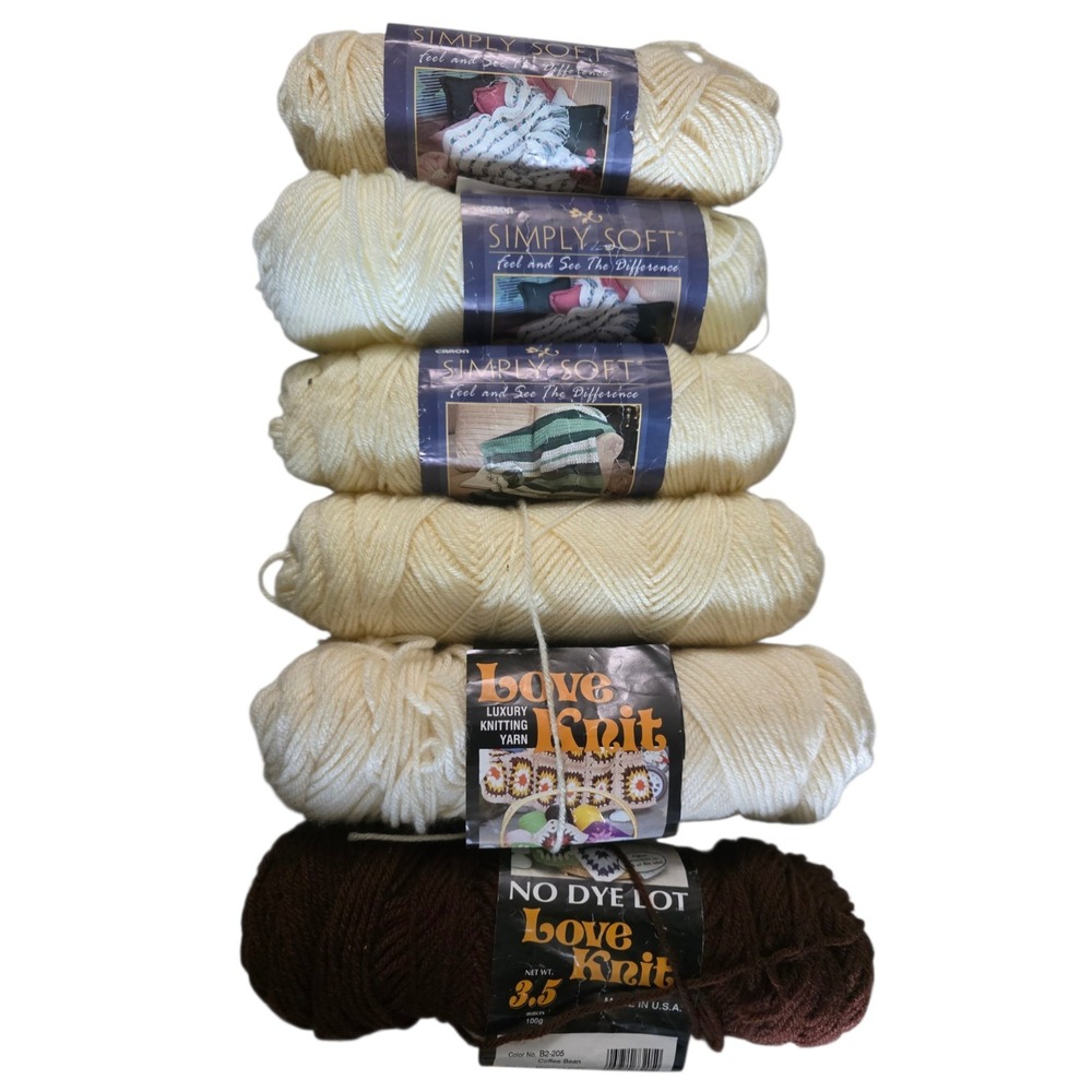 VTG Lot 6 Yarn Skeins Caron Simply Soft & Love Knit Coffee Bean/Off White NOS